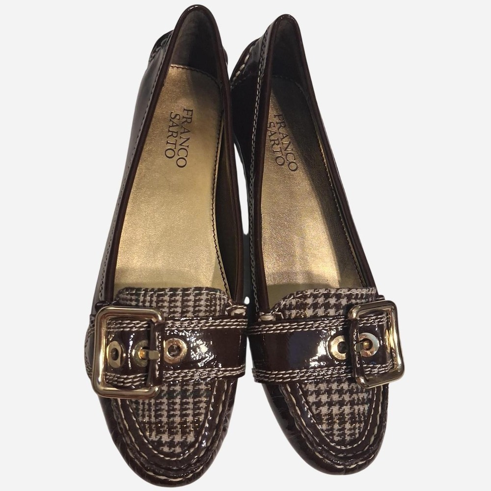 Womens 90s y2k Franco Sarto brown houndstooth loafers with buckle detail